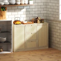 HOMCOM Boho Sideboard Buffet Cabinet, Kitchen Coffee Bar Cabinet with 3 Drawers, 2 Adjustable Shelves and 4 Racks, Natural(m-1)