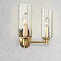 Regal Double Light Vanity with Clear Ribbed Glass, Satin Brass Finish, 15" L x 5" W x 10" H, Antique Brass+Clear(m-5)