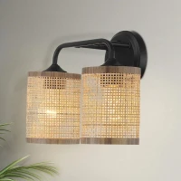 Double Light Vanity Wall Lamp with Natural Rattan Shade, Metal Construction, Ideal for Bathroom Decor, 7" L x 10" W x 12.5" H, Black(m-5)