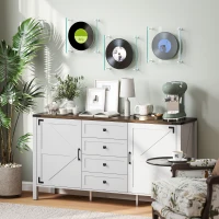 HOMCOM 59" Buffet Cabinet, Farmhouse Sideboard with Thick Top, 2 Barn Doors, 4 Drawers and 2 Adjustable Shelves, White(m-10)