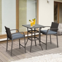 Outsunny 3 Pieces Patio Bar Set Wicker Garden Bistro Set Outdoor Furniture PE Rattan Table and Stools with Seat Cushion, Grey