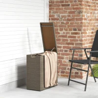 Outsunny 17-Gallon Small Deck Box, Wicker Outdoor Storage Box with Acacia Wood Top for Patio Cushions and Garden Tools, Teak(m-9)