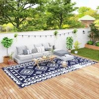 Outsunny Reversible Outdoor Rug, Waterproof Plastic Straw with Carry Bag, 9' x 18', Blue & White Rhombus Patchwork(m-11)