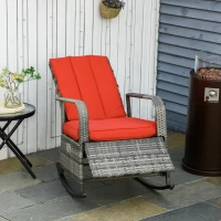 Outsunny Outdoor Wicker Rocking Chair with Cushion, Patio PE Rattan Recliner Chair with Adjustable Footrest, Armrests, Red(m-12)