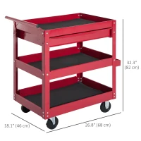 HOMCOM 3-Tier Rolling Tool Cart with Drawer and Side Box, 132 LBS Capacity Steel Utility Cart, Mobile Service Tool Organizer for Garage, Warehouse, Workshop, Red(m-3)