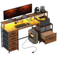 HOMCOM Computer Desk with Power Outlets and LED Lights, 67" Computer Table with File Cabinet and Fabric Drawers, Rustic Brown(m-11)
