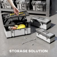 HOMCOM 3 Pieces Tool Box Set, Stainless Steel Toolbox with Tray, Handles, Latches, Tool Case for Workshop, Garage(m-4)