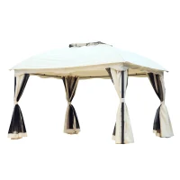 Outsunny 10x12ft Patio Gazebo Garden Pavilion Outdoor Canopy Tent Sun Shade 2 Tier Roof Hook w/ Curtain and Netting Steel Frame(m-11)