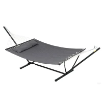 Outsunny 2 Person Hammock Quilted Double Hammock with Stand Pillow Spreader Bars for Outdoor Camping Beach, Dark Grey(m-11)