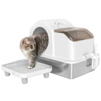 PawHut Extra Large Stainless Steel Cat Litter Box w/ High Sided, Removable Lid, Mats, Scoop, Odor Free, Non-Sticky, Leakproof(m-11)