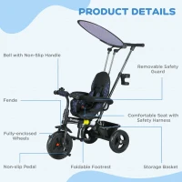 Qaba 6 in 1 Kids Tricycle with Removable Handlebar and Canopy, Navy Blue(m-7)
