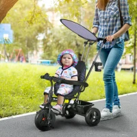 Qaba 6 in 1 Kids Tricycle with Removable Handlebar and Canopy, Navy Blue(m-1)