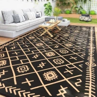 Outsunny Reversible Outdoor Rug, Waterproof Plastic Straw with Carry Bag, 9' x 18', Black & Brown Rhombus(m-11)
