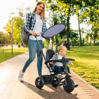 Qaba 6 in 1 Kids Tricycle with Removable Handlebar and Canopy, Navy Blue(m-8)