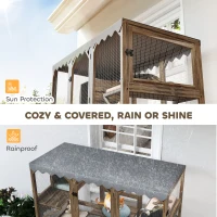 PawHut Wooden Catio Outdoor with Window Access, Waterproof Cover, Relaxing Condo, 5 Platforms, Doors, 59" x 28" x 59", Brown(m-10)