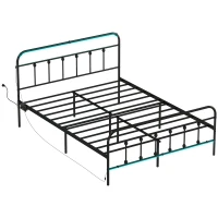 HOMCOM Queen Bed Frame with LED Lights and Charging Station, Metal Platform Bed Frame with Under Bed Storage, Black(m-11)