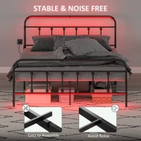 HOMCOM Queen Bed Frame with LED Lights and Charging Station, Metal Platform Bed Frame with Under Bed Storage, Black(m-7)