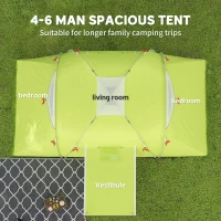 Outsunny 4-6 Person Camping Tent, 2000mm Waterproof Tunnel Tent with 2 Bedrooms, Living Area, Vestibule, Lamp Hook and 4 Doors(m-4)
