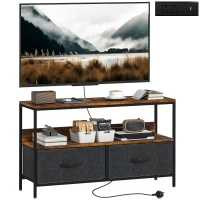 HOMCOM TV Stand with Charging Station, TV Table with 2 Foldable Linen Drawers and Open Shelf for 47 Inch TV, Rustic Brown(m-11)