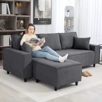 HOMCOM Corner Sofa with Changeable Chaise, Corduroy L-Shaped Sectional Sofa with Pocket Spring, 2 Pillows, Charcoal Grey(m-1)