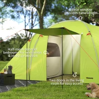Outsunny 4-6 Person Camping Tent, 2000mm Waterproof Tunnel Tent with 2 Bedrooms, Living Area, Vestibule, Lamp Hook and 4 Doors(m-6)