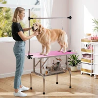 PawHut Adjustable Dog Grooming Table with 2 Safety Slings, Storage Basket, Pink(m-1)