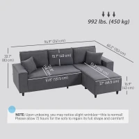 HOMCOM Corner Sofa with Changeable Chaise, Corduroy L-Shaped Sectional Sofa with Pocket Spring, 2 Pillows, Charcoal Grey(m-3)