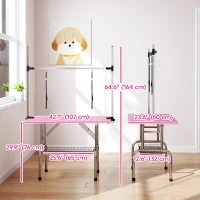 PawHut Adjustable Dog Grooming Table with 2 Safety Slings, Storage Basket, Pink(m-3)