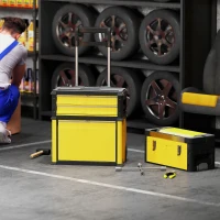 HOMCOM 3-in-1 Tool Box with Wheels, Stackable, Modular Steel Toolbox with Tray, Handles, Latches for Workshop, Garage, Yellow(m-1)