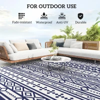 Outsunny 9' x 18' Outdoor RV Rug, Reversible Patio Floor Mat with Carry Bag, Geometric Wall, Blue and White(m-6)
