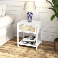 HOMCOM Boho Nightstand, Bedside Table with Rattan Drawer and Open Shelf, Side End Table for Bedroom, Living Room(m-7)
