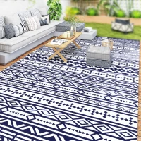 Outsunny 9' x 18' Outdoor RV Rug, Reversible Patio Floor Mat with Carry Bag, Geometric Wall, Blue and White(m-11)