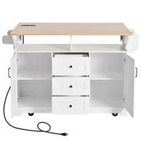 Kitchen Island with 2 Drop Leaves, 3 Drawers, Spice Rack, Power Outlet, Rolling Cart for Dining Room, Kitchen, 56" L x 33.5" W x 36.5" H, White(m-16)
