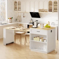 Kitchen Island with Extendable Dining Table, Power Outlet, Drawers and Shelves, Utility Island for Kitchen, 83" L x 27.5" W x 36" H, White+Natural(m-13)