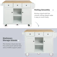 Kitchen Island with 3 Drawers, Rubber Wood Drop-Leaf Countertop, Adjustable Shelves, Rolling Cart for Kitchens, 53" L x 29.5" W x 37" H, White(m-6)