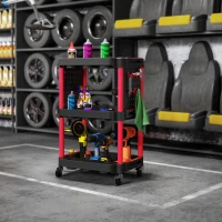 HOMCOM 3-Tier Rolling Tool Cart, 200 LBS Capacity Plastic Utility Cart with Side Shelves for Garage, Workshop, Black and Red(m-10)