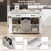 Rolling Cart with Tilt-Out Trash Cabinet, Spice and Towel Rack, Adjustable Shelf, Kitchen Island with Drop Leaf, 51" L x 20" W x 35" H, White(m-4)