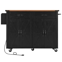 Farmhouse Kitchen Island with Spice Rack, Storage Drawers, Power Outlet, Rolling Car with Drop Leaf, 53.5" L x 29" W x 36.5" H, Black(m-2)