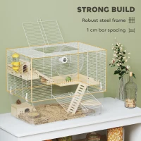 PawHut Hamster Cage with Deep Bottom, Wooden Ramp, Hut, Bathroom and Exercise Wheel for Hamster and Gerbil, White(m-7)