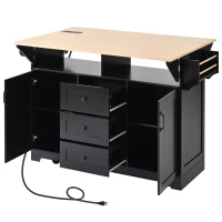 Kitchen Island with 3 Drawers, 2 Drop Leaves, Power Outlet, Spice Rack, Rolling Cart for Kitchen, Dining Room, 56" L x 33.5" W x 36.5" H, Black(m-15)