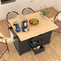 Kitchen Island with 3 Drawers, 2 Drop Leaves, Power Outlet, Spice Rack, Rolling Cart for Kitchen, Dining Room, 56" L x 33.5" W x 36.5" H, Black(m-10)