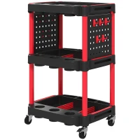 HOMCOM 3-Tier Rolling Tool Cart, 200 LBS Capacity Plastic Utility Cart with Side Shelves for Garage, Workshop, Black and Red(m-1)
