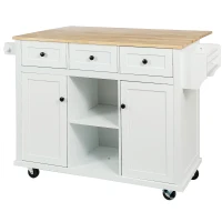 Kitchen Island with 3 Drawers, Rubber Wood Drop-Leaf Countertop, Adjustable Shelves, Rolling Cart for Kitchens, 53" L x 29.5" W x 37" H, White(m-11)