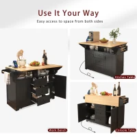 Kitchen Island with 3 Drawers, 2 Drop Leaves, Power Outlet, Spice Rack, Rolling Cart for Kitchen, Dining Room, 56" L x 33.5" W x 36.5" H, Black(m-5)