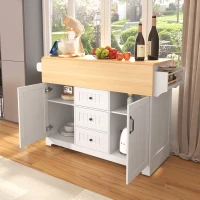 Kitchen Island with 2 Drop Leaves, 3 Drawers, Spice Rack, Power Outlet, Rolling Cart for Dining Room, Kitchen, 56" L x 33.5" W x 36.5" H, White(m-9)