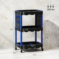 HOMCOM 3-Tier Rolling Tool Cart, 200 LBS Capacity Plastic Utility Cart with Side Shelves for Garage Workshop, Black & Dark Blue(m-3)