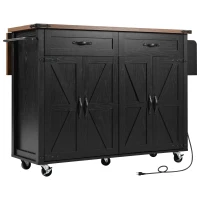 Farmhouse Kitchen Island with Spice Rack, Storage Drawers, Power Outlet, Rolling Car with Drop Leaf, 53.5" L x 29" W x 36.5" H, Black(m-14)