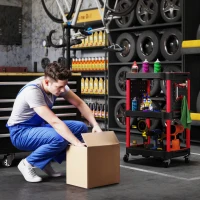 HOMCOM 3-Tier Rolling Tool Cart with Wheels, 200 LBS Capacity Plastic Utility Cart for Garage, Warehouse, Workshop, Black & Red(m-7)