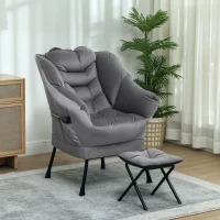 HOMCOM Lazy Chair and Ottoman Set, Fabric Upholstered Accent Chair with Side Pockets, for Living Room, Bedroom, Gray(m-2)