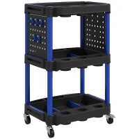 HOMCOM 3-Tier Rolling Tool Cart, 200 LBS Capacity Plastic Utility Cart with Side Shelves for Garage Workshop, Black & Dark Blue(m-12)